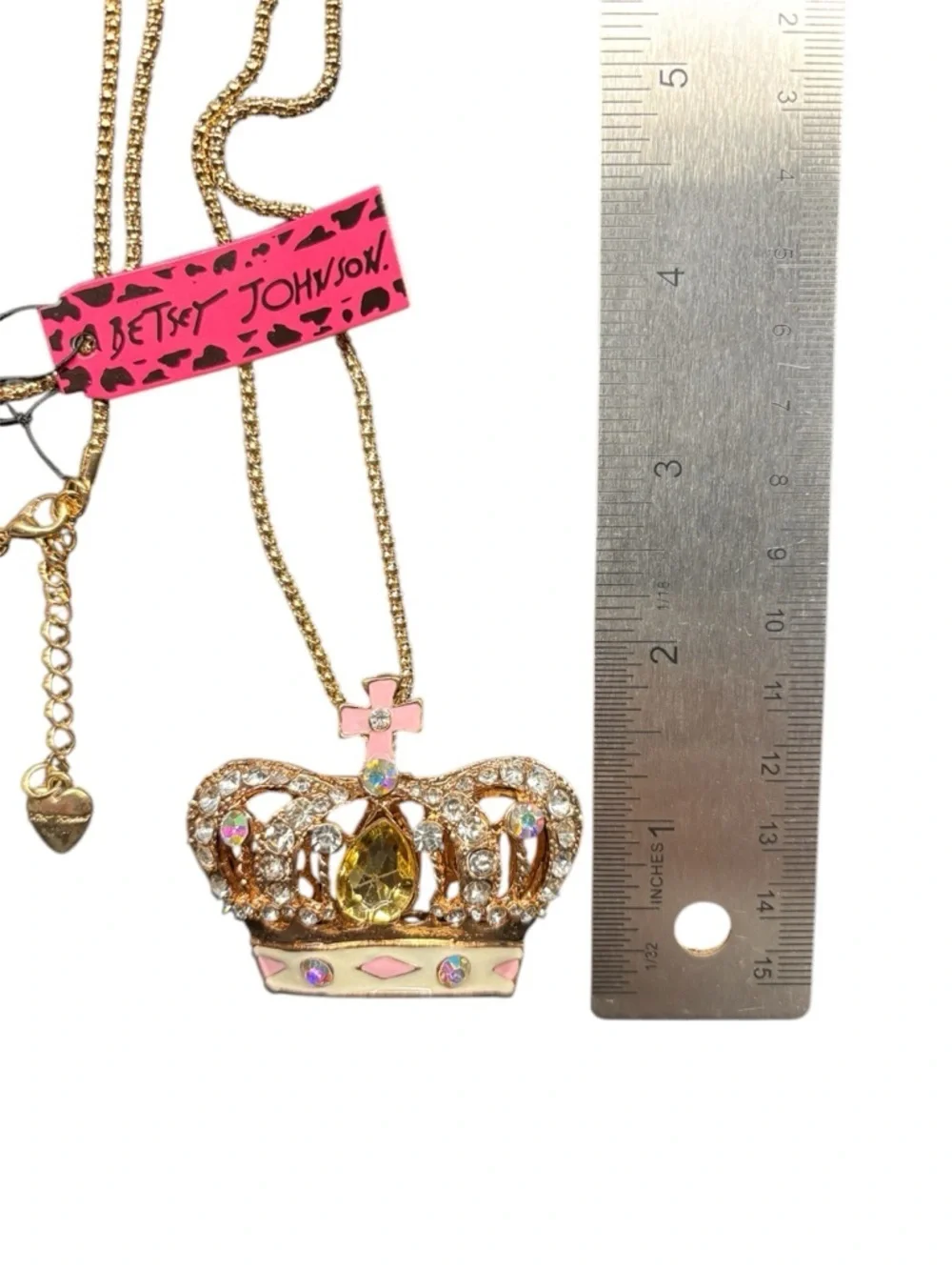 Betsey Johnson Crown Necklace Pink Gold Rhinestone Statement Pendant